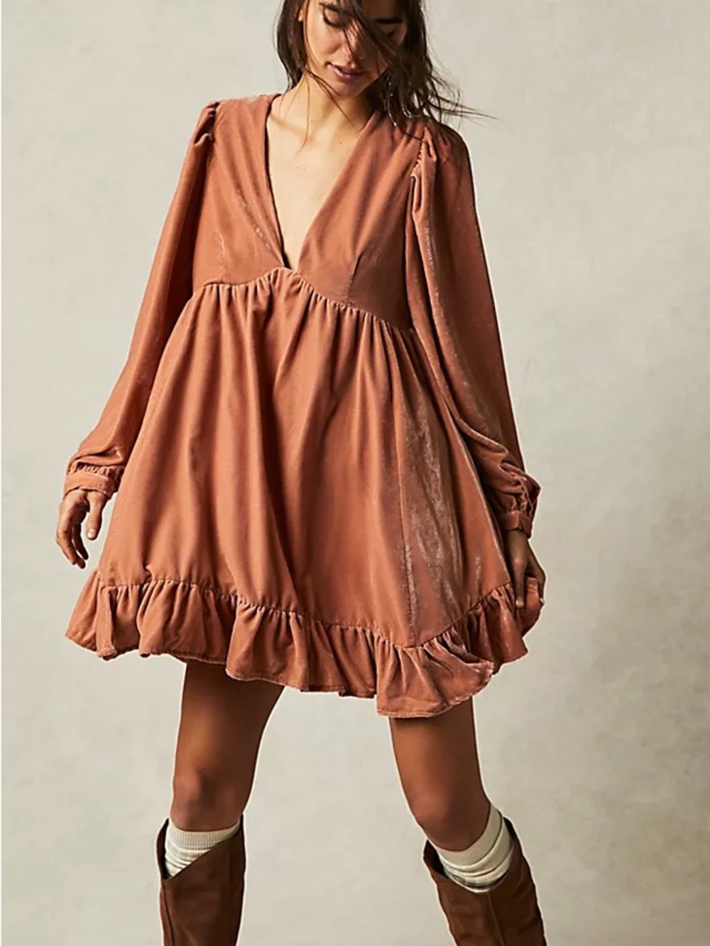 Free People Pink Velvet Babydoll Mini Dress XS Long Sleeve Ruffle Boho Tunic